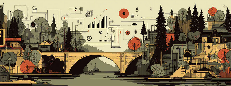 Minimalist vector illustration of bridge connecting business landscape with graphs and technology landscape with circuit patterns, in corporate colors, wide aspect ratio