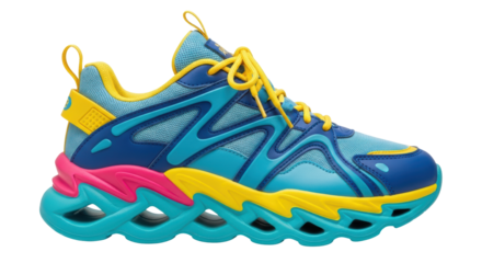 Isolated colorful casual training shoe with laces and a thick sole, fun and trendy style