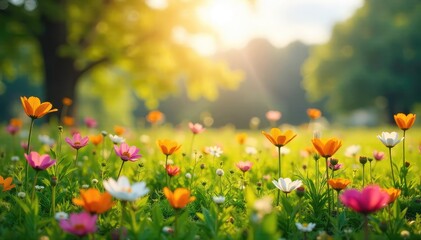 Naklejka premium Sunlight bathes a vibrant spring meadow, wildflowers in full bloom, creating a picturesque landscape of natural beauty Perfect for nature, spring, and environmental themes , serene, vibrant