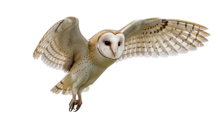 Isolated Barn Owl bird flying with wings spread is eye-catching with beautiful plumage
