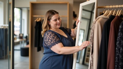 Smiling woman adjusting mirror in clothing store