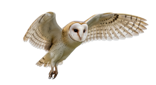 Isolated Barn Owl bird flying with wings spread is eye-catching with beautiful plumage