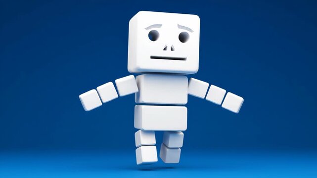A white blocky robot with a sad face standing against a solid blue backdrop Its body consists of stacked cubes for head torso limbs