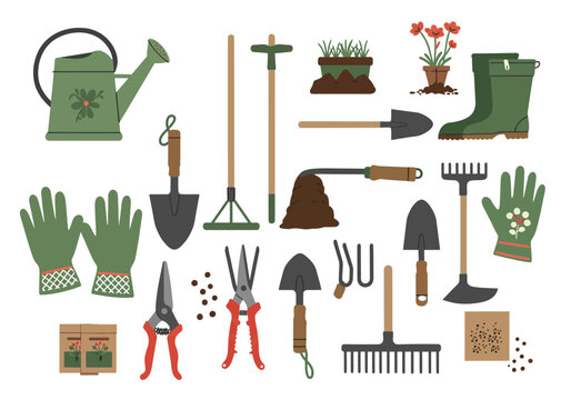 Assorted gardening tools and accessories including shovels gloves and seeds are neatly arranged on a white background