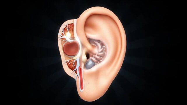 Human Ear Anatomy Detailed 3D Medical Illustration Revealing Outer Middle Inner Ear Structures Cochlea Semicircular Canals and Auditory System