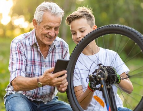 Grandfather and grandson fixing a bicycle wheel together outdoors on a sunny day.