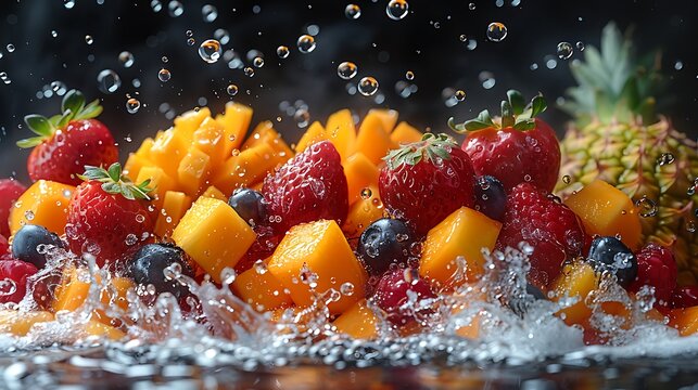Fresh fruit delight with splashing water for vibrant summer smoothies and healthy eating ads - Powered by Adobe