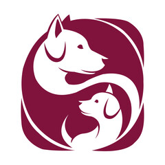 Two White Dog Silhouettes in a Maroon Circular Emblem Keywords: dog, dogs, puppies, canine, animal, pet, silhouette, white, maroon, burgundy, circular, emblem, logo, icon, graphic