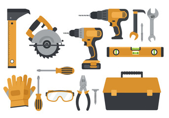 Toolkit includes level wrenches drills circular saw safety glasses  toolbox