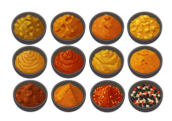 Twelve bowls of various colorful vibrant sauces and condiments arranged in a grid on a white background