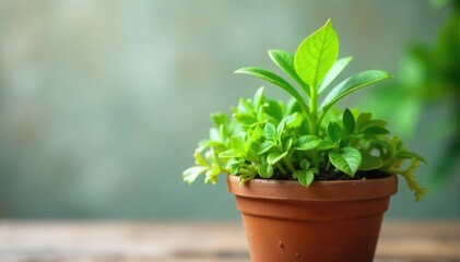 Vibrant green leaves sprout from a rustic terracotta flower pot, creating a lush and healthy indoor plant scene  Perfect for home decor, gardening, and spring themes , plant,  ecology,  fresh
