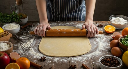 hands rolling out a sheet of dough on a floured, rustic wooden table.Various baking tools and fresh ingredients like spices,herbs,fruit are artfully arranged in the background.The scene is bright, war