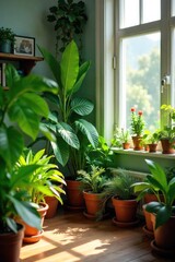 Vibrant indoor jungle, lush green plants thriving in a sunlit home environment  A tranquil and natural atmosphere filled with various potted plants of different shapes and sizes ,  cactus,  natural