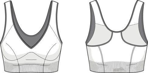 Modern seamless sports bra design front and back view, activewear fashion illustration, comfortable fitness lingerie, stylish women underwear template vector