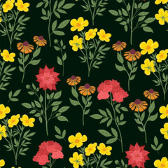 Flowers vector seamless pattern with dahlia, buttercup, carnation, rose and coreopsis, helenium. Hand-drawn botanical illustration, perfect for fabric textile design and backgrounds.