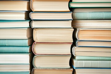 A close-up view of neatly stacked books, showcasing various colors and textures of their spines.