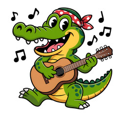 Fototapeta premium Cartoon alligator playing guitar with a bandana isolated on transparent background