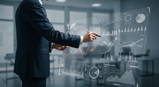 Modern Businessman Analyzing Financial Data on Digital Interface Display