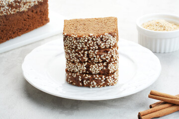 Roti Gambang or Ganjel Rel, Indonesian traditional snack with sesame seeds, flavoured with cinnamon and palm sugar.