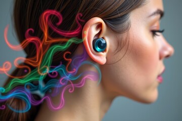 Portrait of Empowerment: Close-up Image of Person Wearing Hearing Aid, Enhanced with Abstract Patterns Reflecting Their Journey to Overcome Ear Damage