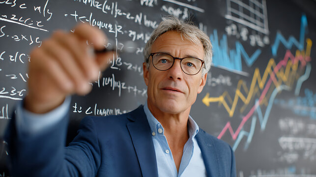 Professor Explaining Mathematical Concepts in a Classroom Filled With Equations