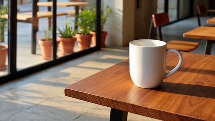 Fototapeta premium White ceramic mug on wooden café table near window with sunlight, simple hot drink container in modern coffee shop interior. Warm morning atmosphere