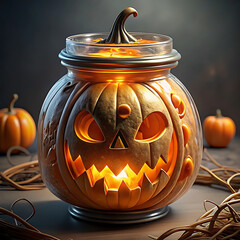Spooky jack o lantern in a glass jar with warm glow for halloween