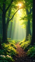 Obraz premium Sunlit Forest Scene Peaceful Nature Photography, Serene Atmosphere, Tranquil Woods, Perfect for Relaxation and Meditation