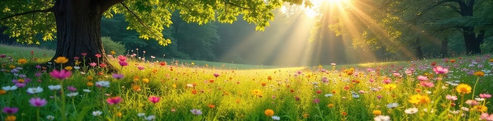 Obraz premium Sunlight streams through the trees onto a vibrant spring meadow, wildflowers blooming in profusion, creating a picturesque landscape perfect for a peaceful escape , colorful, spring scene