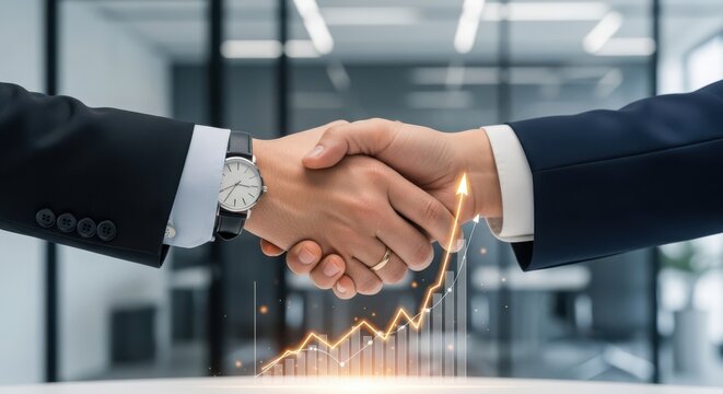 Closeup of two businessmen shaking hands in a modern office, symbolizing agreement and partnership, with a glowing upward trending graph in the background