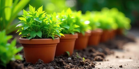 Vibrant terracotta pots bursting with lush greenery, nestled amongst rich soil in a sunny garden bed A charming display of outdoor planting and gardening , summer, backyard, garden decor