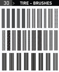 Set of 30 Tire Track Brushes for Photoshop and Illustrator - Grunge, Off-Road, and Patterned Tyre Tread Designs
