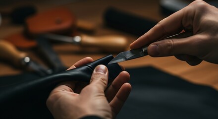 hands meticulously shaping a piece of fine,dark leather with a sharp tool.The texture of the leather and the shine of the blade are the main focus with a blurred background of other leather goods,tool