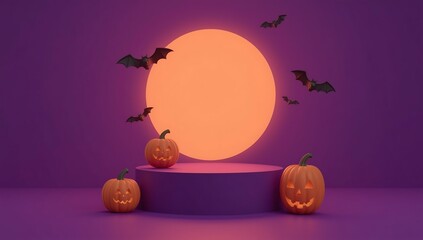 Halloween pumpkins and bats on purple platform