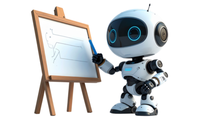 a cute AI robot character making a drawing on white board, isolated on transparent background