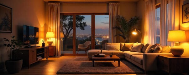 Warm, inviting living room bathed in the soft glow of strategically placed lamps and overhead lighting, creating a cozy atmosphere perfect for relaxation , sofa, lighting design, lamps