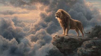 Epic background , king of lion standing on the top of rock mountain with fantasy cloud is background.