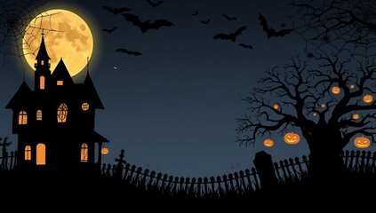 Halloween Night Haunted House and Spooky Tree