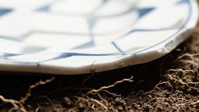 Intricate Blue Patterned Ceramic Plate Resting on Rich Dark Soil with Visible Roots A Close Up Capturing Earthy Textures Traditional Pottery and Organic Natural