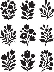Black and white floral vector set: flower silhouettes for design and crafts eps