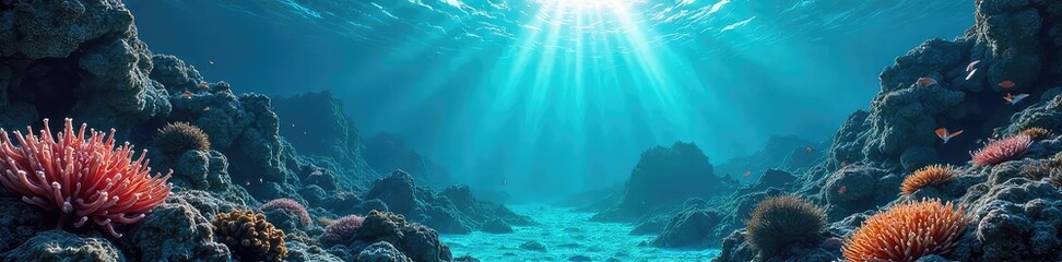 Vast, underwater soundscape; a mesmerizing panorama of swirling currents and vibrant marine life, echoing with the symphony of the deep ocean , reef, blue