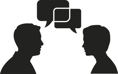 Man and woman silhouette talking with overlapping speech bubbles, communication concept, dialogue, conversation icon, social interaction, message exchange illustration