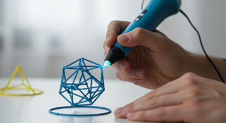 hands using a 3D pen to create a futuristic, geometric sculpture from melted plastic filament. The scene is bright and clean with a focus on the precise movements and the glowing tip of the pen.