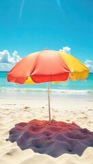 Vibrant beach umbrella providing shade on a sunny day Perfect for summer vacation, travel, and relaxation themes The umbrella casts a cool shadow on the sand , bright, sea, waves