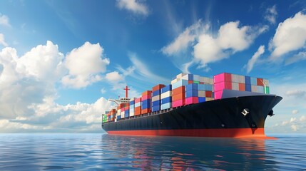 Fototapeta premium Global Trade in Motion: Massive Sea Logistics Container Cargo Ship – A Large Cargo Vessel Laden with Stacked Shipping Containers (Blue, Red, Yellow) Sailing Across the Open Sea