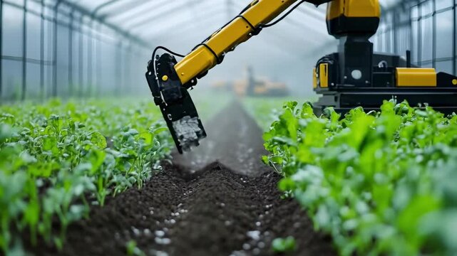 A yellow agricultural robot with a robotic arm tending and weeding rows of young plants in a greenhouse.