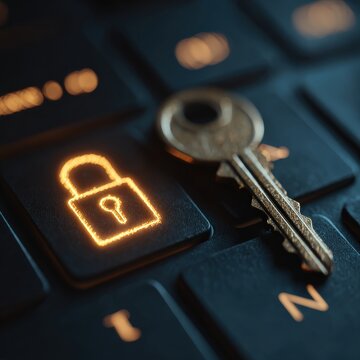 A close-up of a computer keyboard featuring a glowing lock symbol and a key, symbolizing digital security and access.
