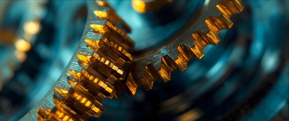 Close-up of intricate golden gears meshing