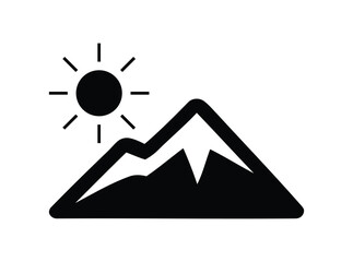 black and white icon of a mountain and sun. pyramids in the sky