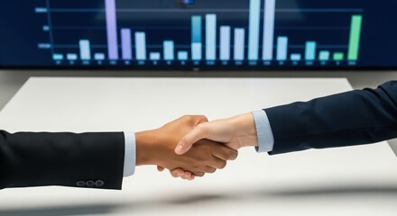 Two individuals in business attire shaking hands in front of a large screen displaying a colorful bar chart